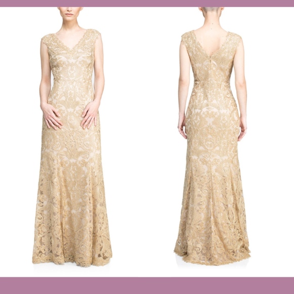 NEW $648 Tadashi Shoji Kirameki Embroidered Lace‎ Gown in Nude/Gold [SZ 6 ] - Picture 1 of 13